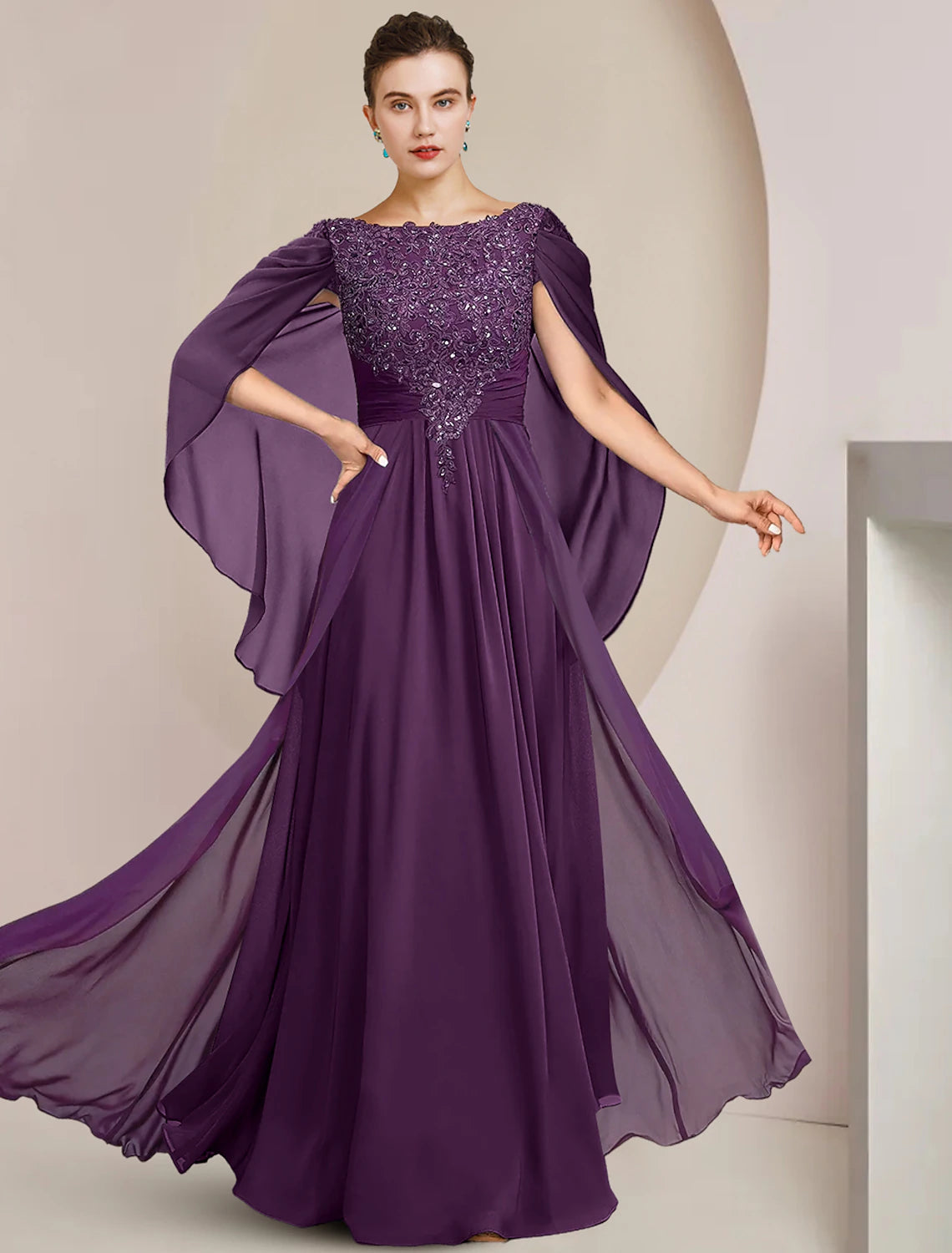 Wholesale  A-Line Mother of the Bride Dress Formal Wedding Guest Elegant Scoop Neck Floor Length Chiffon Lace Sleeveless with Beading Sequin Appliques